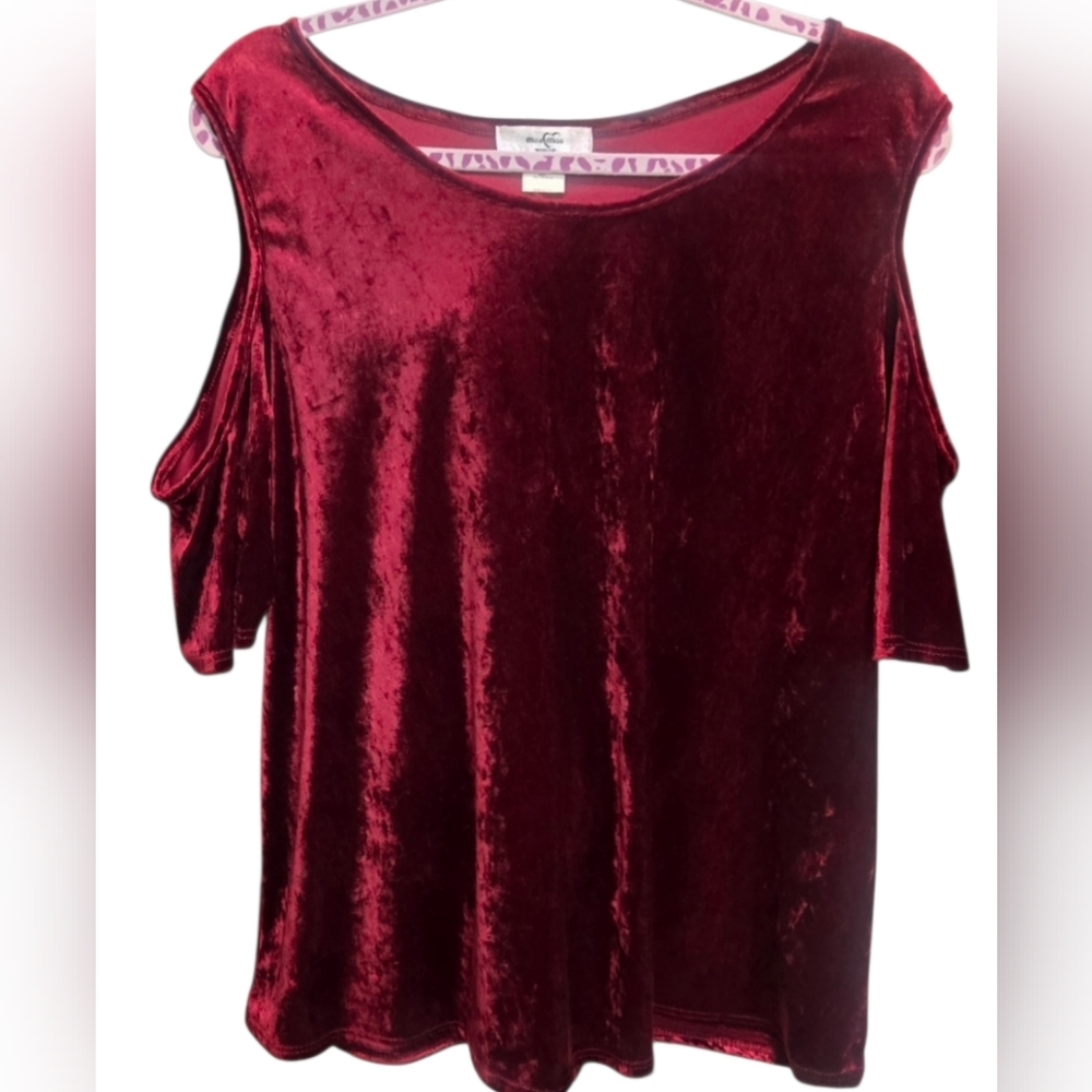Red MOA MOA Cold Shoulder Ruffle Sleeve Velvet Top. 2X